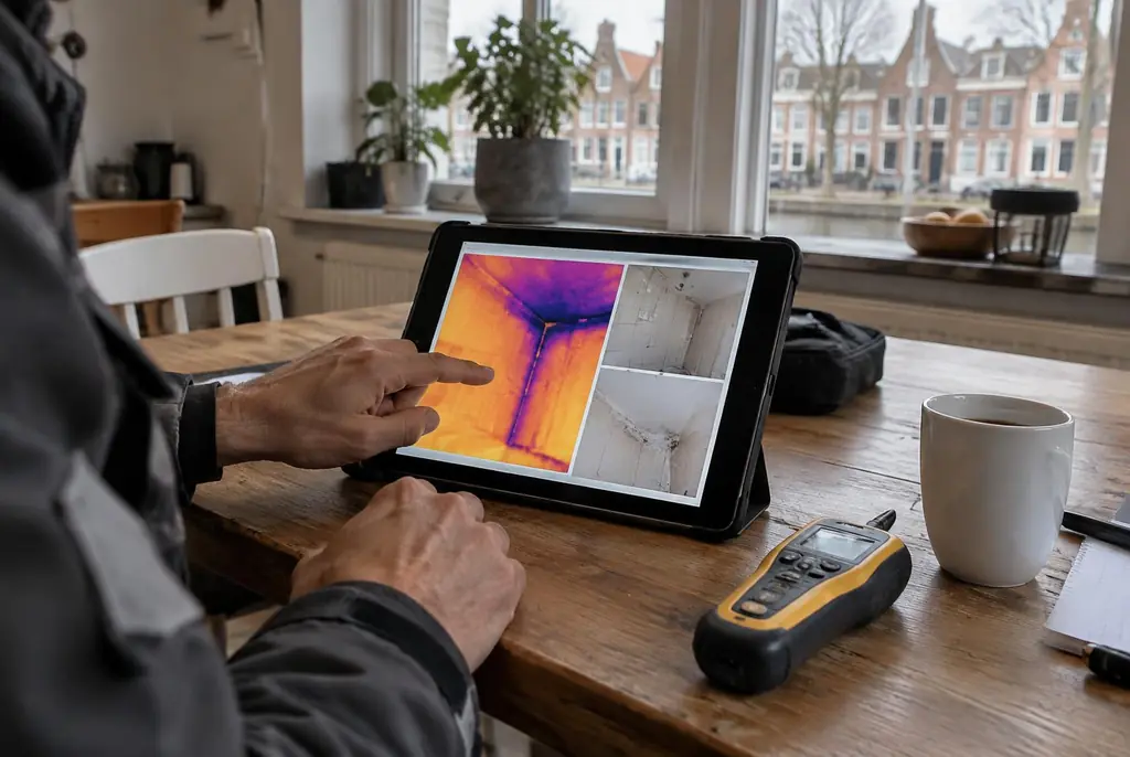 Lekdetectie Raalte – lekdetectierapport met warmtebeelden en foto's op een tablet