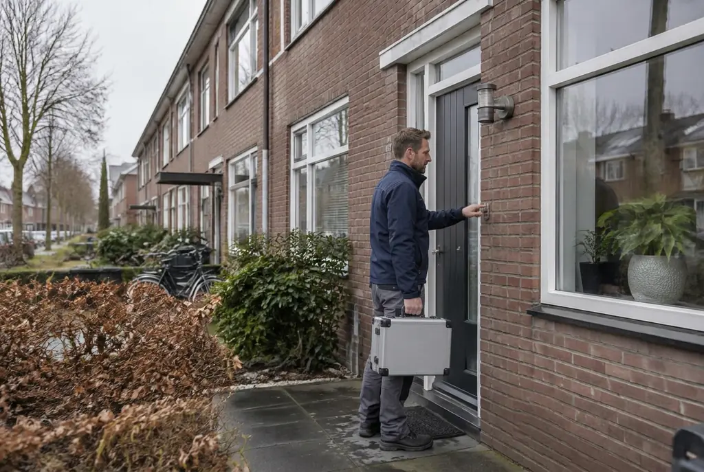 Lekdetectiespecialist met meetkoffer bij de voordeur van een woning in Raalte
